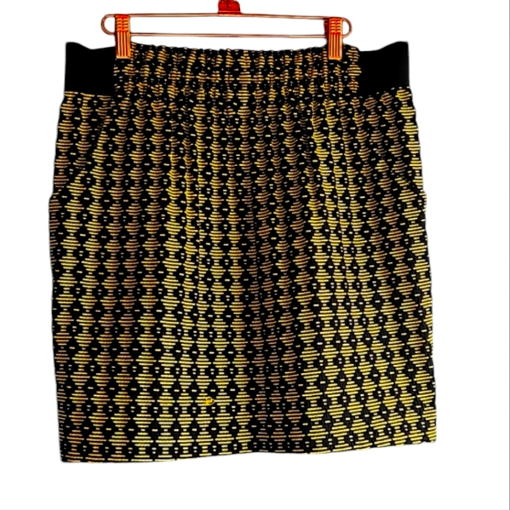 RACHEL Rachel Roy Yellow & Black Printed Skirt w Pockets Elastic Waist Sz Medium